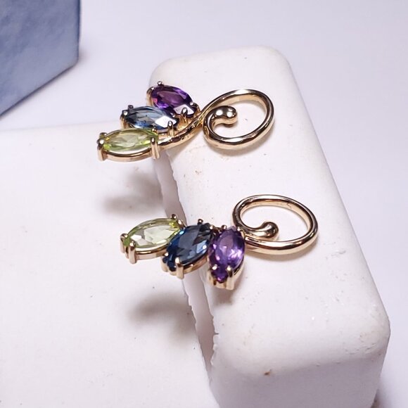 Estate 1.20ctw Natural Marquise Multi Gem 10Kt Y/G Swirl Drop post Earrings23094 - Picture 3 of 6